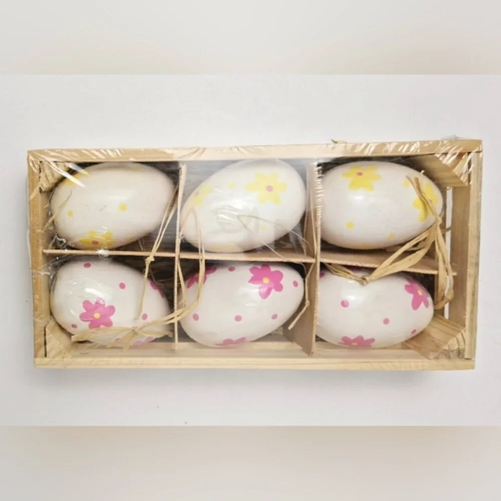 Charming Vintage Purple Basket w/ Decorative Hand painted Ceramic Eggs Ornaments